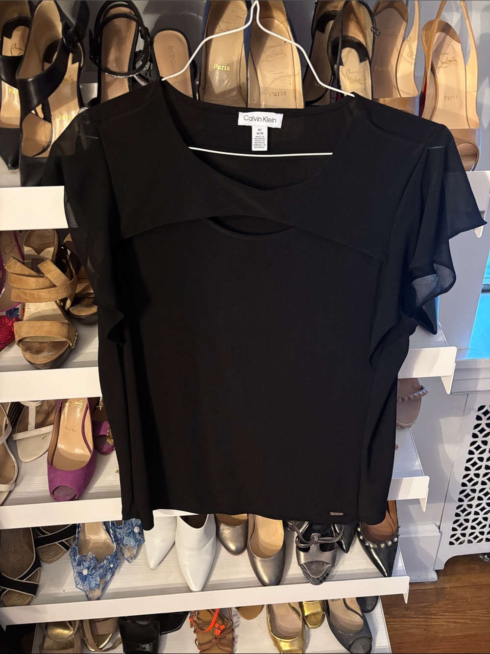 Calvin Klein Black Layered Flutter-Sleeve Blouse